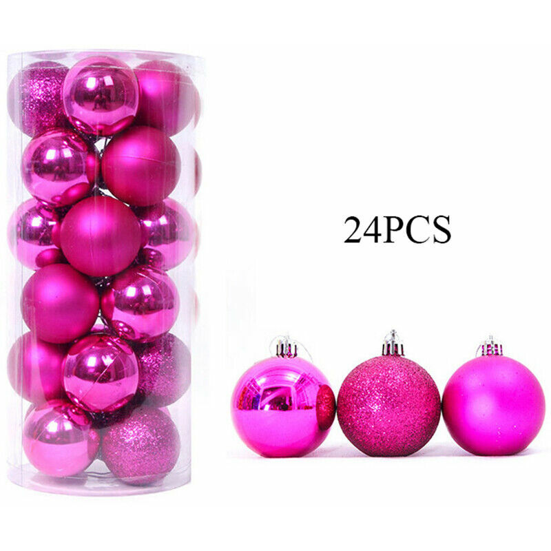 24 Uds adornos de bolas de purpurina navide?a bolas de árbol de Navidad decoración de fiesta colgante, rosa roja