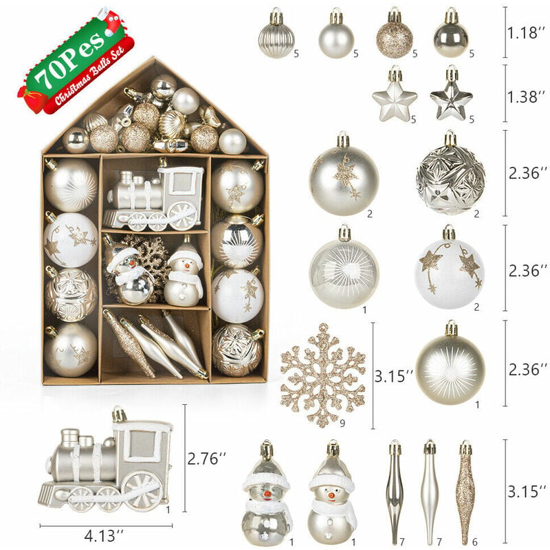 70PCS Adornos de bolas de Navidad Decoraciones de bolas colgantes de árboles de Navidad inastillables 3 colores, plata dorada