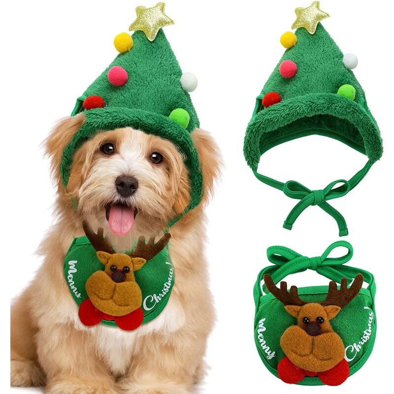 2 piezas mascota perro árbol de Navidad sombrero Navidad gato conjunto sombreros disfraz perro Papá Noel collar ajustable babero Navidad perro sombrero verde disfraz fiesta accesorios conjunto