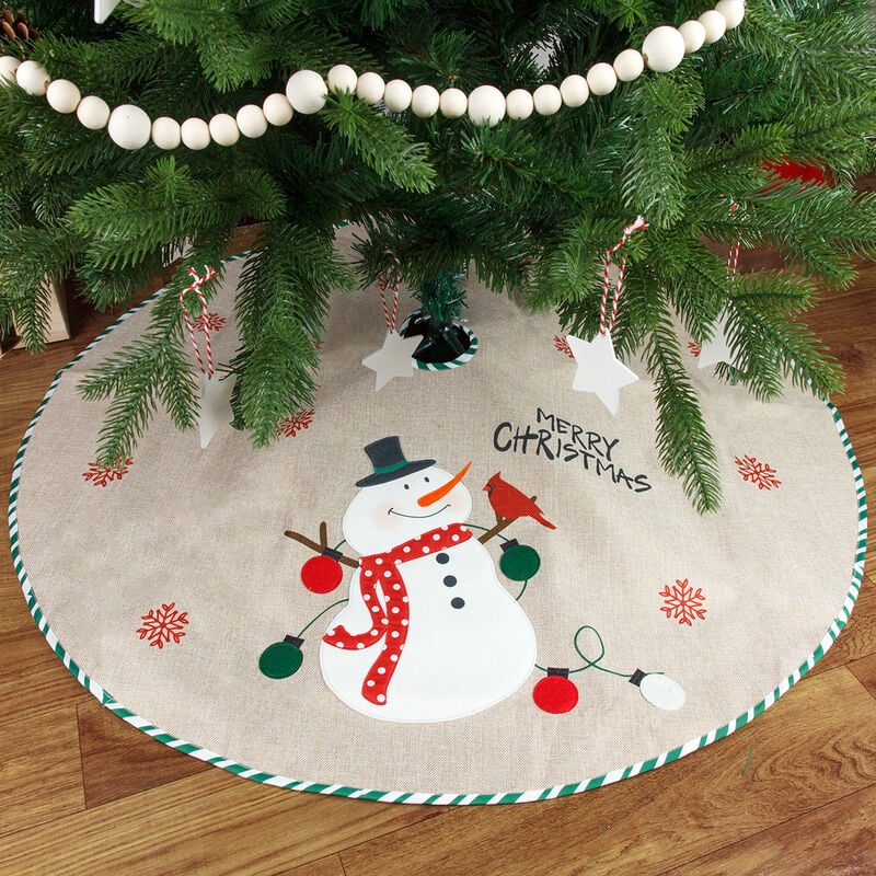 Cubierta de árbol de Navidad, tapete de árbol de Navidad, falda de árbol de Navidad, falda de árbol de Navidad, falda de árbol de Navidad de lino con copos de nieve, para decoración de árbol de Navidad (muñeco de nieve de Navidad)