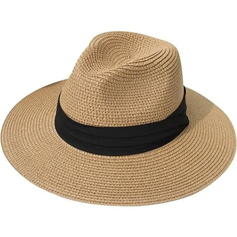 Sombrero de paja para hombre y mujer, sombrero de Panamá, sombrero de ala ancha para sol, Anti-UV para en la playa, sombrero para el sol (Fedora caqui)