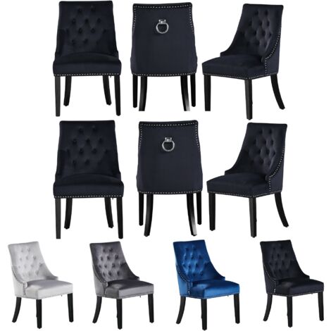 Set di 6 sedie da pranzo Windsor Velvet con gambe in legno - Sedia da pranzo Ring Knocker Back - Imbottita sedia - Sedia da pranzo moderna - Cucina, soggiorno - Nero