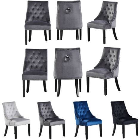 Set di 6 sedie da pranzo Windsor Velvet con gambe in legno - Sedia da pranzo Ring Knocker Back - Imbottita sedia - Sedia da pranzo moderna - Cucina, soggiorno - Grigio scuro