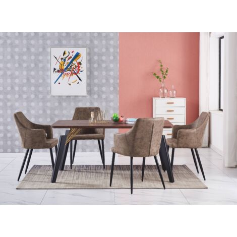 Cosmo LUX Zarah Dining Set - un tavolo da pranzo in legno di noce e un set di 4 sedie da pranzo in pelle marrone - Sala da pranzo Cucina