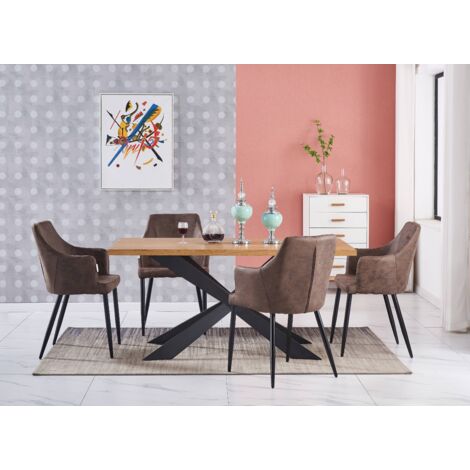 Duke LUX Zarah Dining Set - un tavolo da pranzo in legno di quercia e un set di 4 sedie da pranzo in pelle marrone scuro - Sala da pranzo Cucina