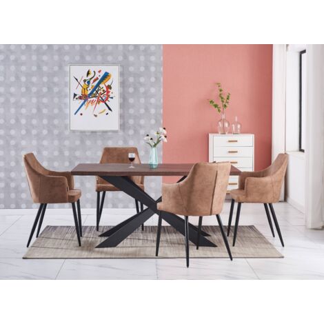 Duke LUX Zarah Dining Set - un tavolo da pranzo in legno di noce e un set di 4 sedie da pranzo in pelle beige - Sala da pranzo Cucina