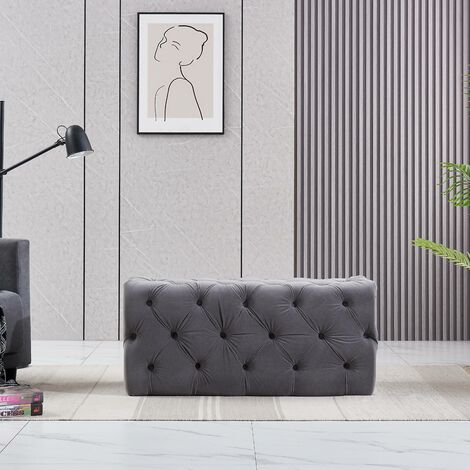 Pouf rettangolare piccolo in velluto Melia, panca ottomana, poggiapiedi, design LUX, dettagli con bottoni, grigio