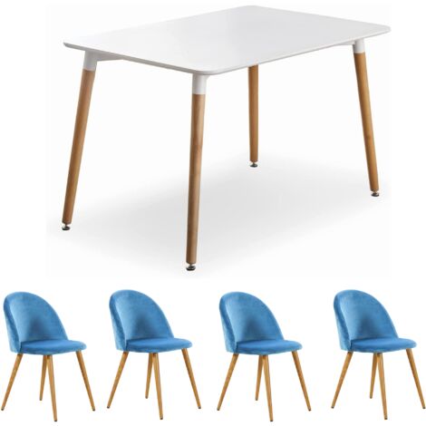 Halo Lucia Dining Set - Mesa de comedor de madera blanca y juego de 4 sillas de comedor de terciopelo azul - Comedor Cocina
