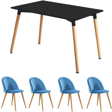 Halo Lucia Dining Set - Mesa de comedor de madera negra y juego de 4 sillas de comedor de terciopelo azul - Comedor Cocina