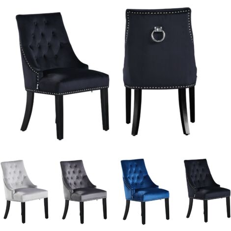 Juego de 2 sillas de comedor de terciopelo Windsor con patas de madera - Silla de comedor con respaldo de anillo - Silla tapizada - Silla de comedor moderna - Cocina, Sala de estar - Negro