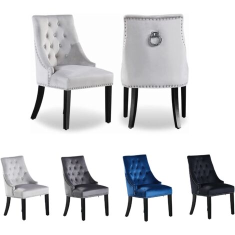 Juego de 2 sillas de comedor de terciopelo Windsor con patas de madera - Silla de comedor con respaldo de anillo - Silla tapizada - Silla de comedor moderna - Cocina, sala de estar - Gris claro