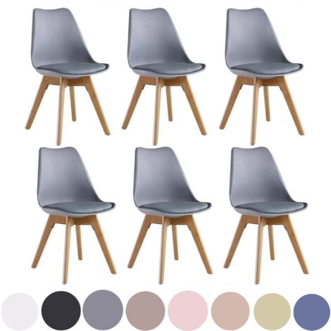 Juego de 6 sillas de comedor Lorenzo Retro: piel sintética acolchada, cuerpo de plástico y patas de madera maciza: gris