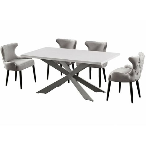 Duke LUX Oxford Dining Set - Mesa de comedor de madera blanca y juego de 4 sillas de comedor de terciopelo gris claro - Comedor Cocina