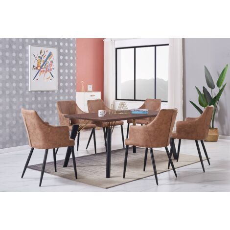 Juego de comedor Cosmo LUX Zarah: mesa de comedor de madera de nogal y juego de 6 sillas de comedor de cuero marrón - Comedor Cocina
