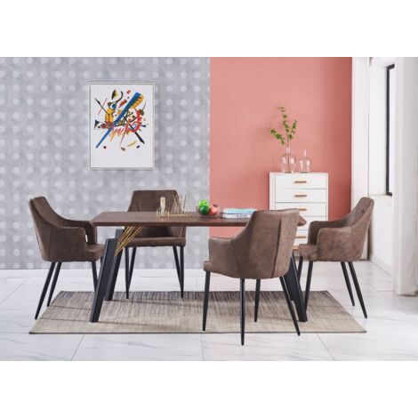 Juego de comedor Cosmo LUX Zarah: mesa de comedor de madera de nogal y juego de 4 sillas de comedor de cuero marrón - Comedor Cocina