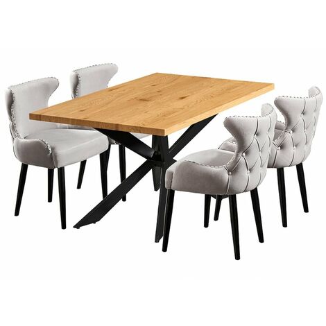 Juego de comedor Duke LUX Oxford: mesa de comedor de madera de roble y juego de 6 sillas de comedor de terciopelo gris claro - Comedor Cocina