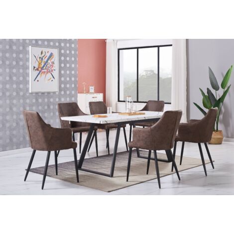 Juego de comedor Toga LUX Zarah: mesa de comedor extensible blanca y juego de 6 sillas de comedor de cuero marrón oscuro - Comedor Cocina