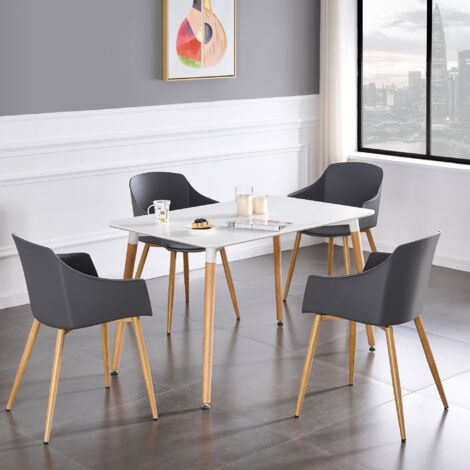 Halo Eden Dining Set - Mesa de comedor de madera blanca y juego de 4 sillas de comedor de madera grises - Comedor Cocina