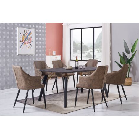 Juego de comedor Cosmo LUX Zarah: mesa de comedor de madera negra y juego de 6 sillas de comedor de cuero marrón - Comedor Cocina