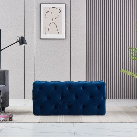 Puf rectangular pequeño de terciopelo Melia, banco otomano, reposapiés, diseño LUX, detalle de botones, azul