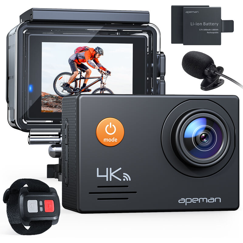 Cámara Deportiva,Cámara de acción 4K 20MP WiFi Micrófono externo 2.4G Control remoto Sumergible 40M Deportes Vlog Webcam Cámara con 2 baterías recargables y kits de accesorios ,Apeman A79