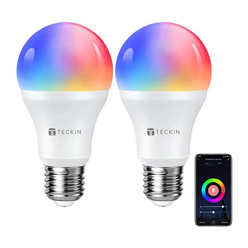 Bombillas inteligentes LED control remoto de voz regulable colores RGB 7.5W 800Lm E27 WiFi trabajo con Alexa Google Home no requiere Hub Teckin, 2 paquetes