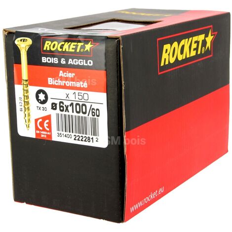 Rocket – Vis à bois 6 mm x 100 mm – Acier bichromaté lubrifié – Tête étoile TX 30 – Boîte de 150 vis – Vissage rapide sans fendage