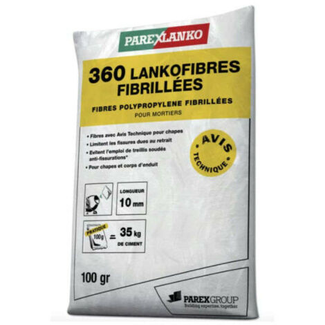 Parexlanko – Fibres de renfort 360 LANKOFIBRES FIBRILLÉES 10 mm – 100% polypropylène vierge – Réduit fissures – Pour mortiers et chapes à liant hydraulique