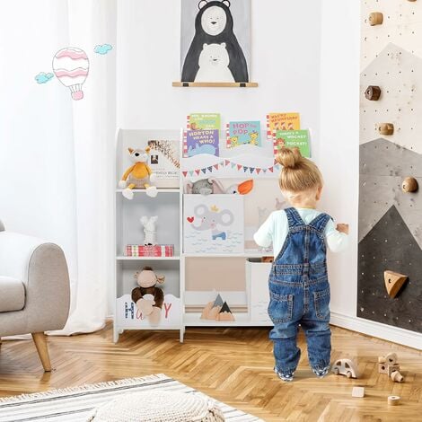 Kinderzimmerregal aus Holz, Spielzeug-Organizer mit 5 Ablagefaechern und 2  abnehmbaren Stoffboxen, Bücherregal für Kinder (Tier