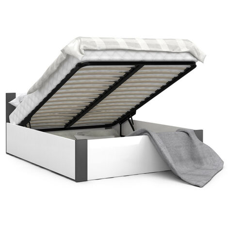 Lit BOSTON 140x190 + coffre - Sommier inclus Blanc - gris (1/4)