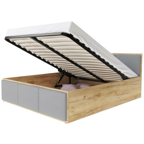 Lit coffre 160x200 cm Panama T - Tête de lit - Coffre 890 L - Sommier inclus - Chêne - gris clair (1/4)