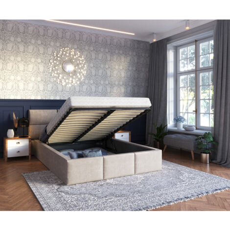 Lit coffre Denver 140x190 – Coffre de rangement 470L – Tissu velours 100% polyester – Cadre à lattes résilientes – Kids Literie (1/5)
