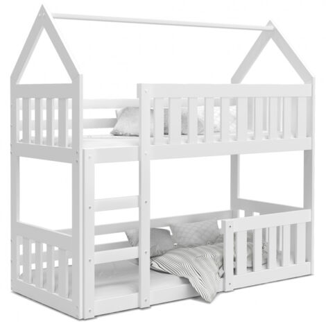 Lit superposé enfant cabane mini 80 x 160 cm – Bois massif – Barrière de sécurité – Vernis écologique non toxique – Auto-assemblage – Kids Literie (1/3)