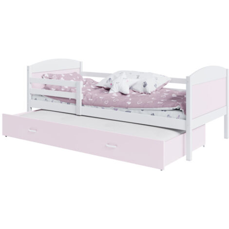Lit Gigogne Mateo 90x190 matelas inclus Blanc - rose (1/3)