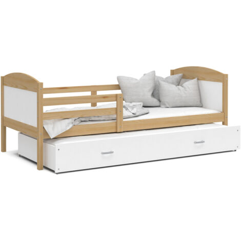 Lit Gigogne Mateo 90x190 Pin - blanc Livré avec sommiers, tiroir et matelas en mousse de 7cm (1/3)