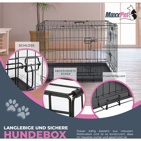 MaxxPet Hundebox 76x48x53 cm - Faltbarer Hundekäfig Mit 2 Türen (Vorne und Seitlich) - Inklusive Luxus-Plaid - Für Den Transport Geeignet - Schwarz