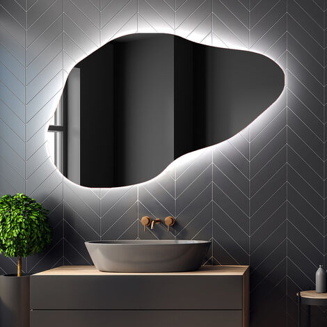 Miroir asymétrique avec lumiere LED  129x84 cm  Miroir de Salle de Bain  Blanc Froid 7000K  POD221