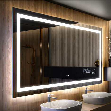 Miroir lumineux de salle de bain 190x100 cm – Éclairage LED intégré – Interrupteur tactile – Anti-buée – Station météo - LED015