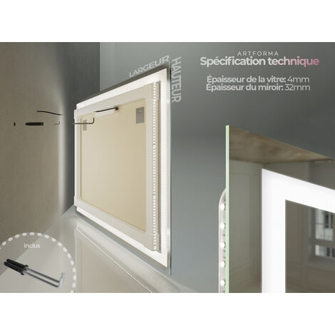 Miroir De Salle De Bain LED Sur Mesure Avec Options - Bluetooth, Station Météo, Horloge, Anti-buée, Fabrication Européenne
