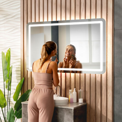 Grand Miroir Mural Lumineux 90x70 Cm – Rectangle Blanc éclairé
