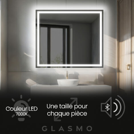 Miroir LED Lumineux 90x90 cm Bella - Carré Rectangulaire de Salle de Bain Mural avec éclairage Blanc Froid 7000K avec Haut Parleur (1/5)