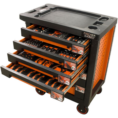 Fischer Darex – Servante d'atelier roulante 6 tiroirs – Acier renforcé – Charge maximale 700 kg – 144 outils inclus – Dimensions 460x780x900 mm