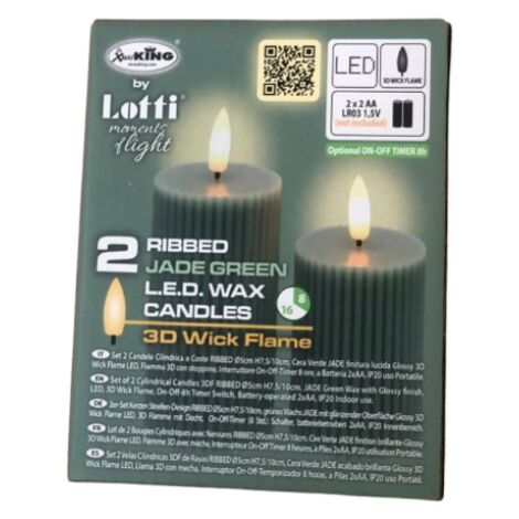 Set 2 candela 3df a coste ribbed D5 H7.5/10 verde bianco caldo Lotti importex