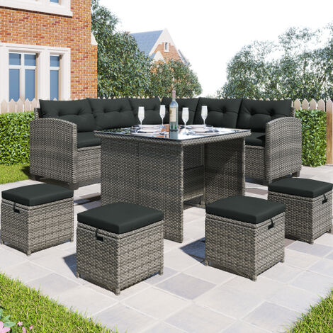 Rattan Outdoor Sofa Sets, 8 Pieces Patio Garden Furniture Set with Dining Table, Chair, 4 Ottomans and Cushions, Grey