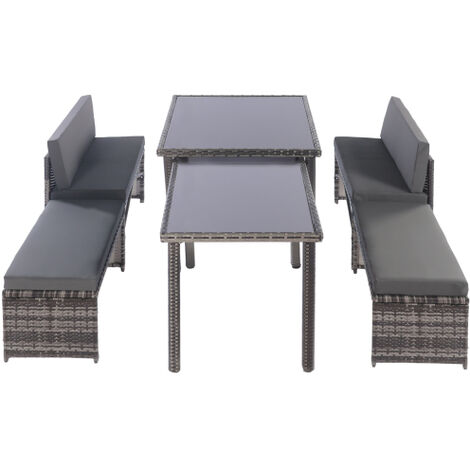 Rattan Garden Sofa Sets, 6 Pieces Outdoor Dining Sets with Extendable Tables, Garden Sofa Benches and Soft Cushions, Grey