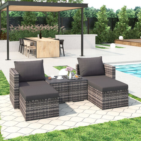 Rattan Patio Garden Sofa Sets, 6 Pcs Outdoor Furniture Set with End Table, Stools and Cushions Grey