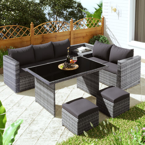PE Rattan Garden Patio Sofa Sets, 5 Pieces Outdoor Lounge Furniture Set with Dinning Table, Side Storage Table, Stools and Cushions, Grey