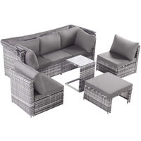Rattan Garden Sofa Sets, 5-Piece Patio Furniture Lounge Set with Retractable Canopy, End Table and Cushions Grey