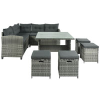 Rattan Outdoor Sofa Sets, 8 Pieces Patio Garden Furniture Set with Dining Table, Chair, 4 Ottomans and Cushions, Grey