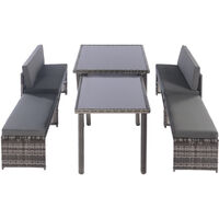 Rattan Garden Sofa Sets, 6 Pieces Outdoor Dining Sets with Extendable Tables, Garden Sofa Benches and Soft Cushions, Grey